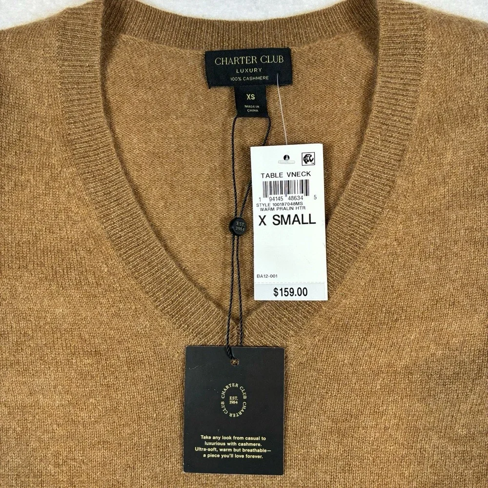 Charter Club Cashmere Sweater Womens XS Table V-Neck Pullover Luxury Classic NWT